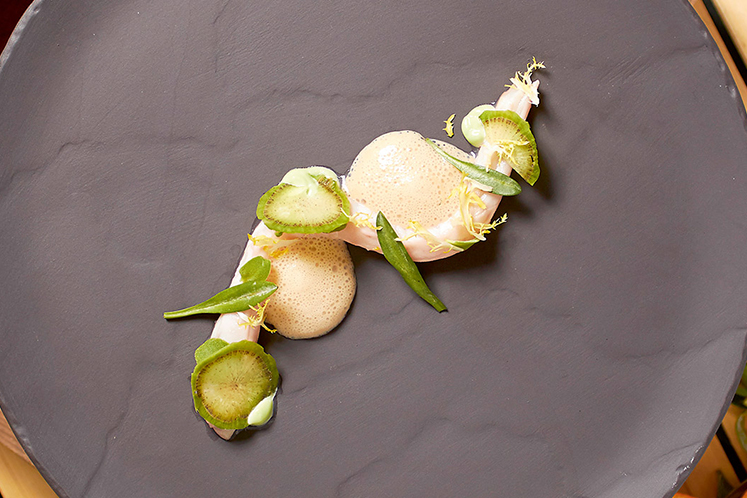 Ceviche van zeebaars met schuim van komkommer