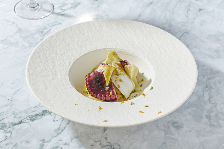 Linguine met artisjok à la barigoule, sepia en octopus