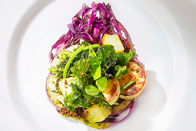 Knolselderij, paarse kool, zeesla en gebrande mosterd