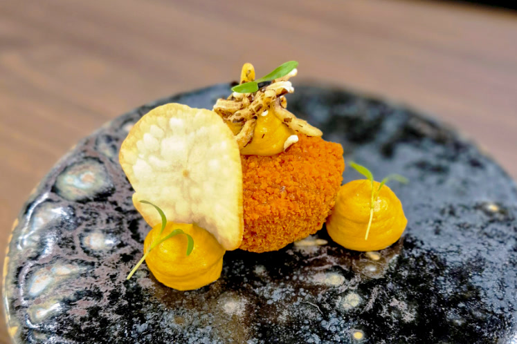 Bami bites with wild rice, tom kha kai foam and gado gado foam