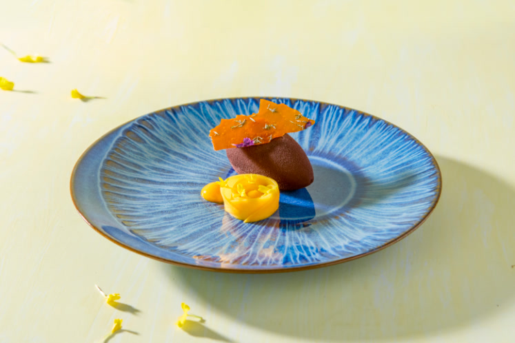 Chocolademousse quenelle met mango en tijm