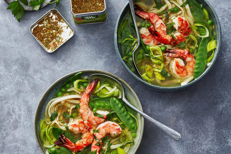 Indonesian noodle soup with shrimp & snow peas