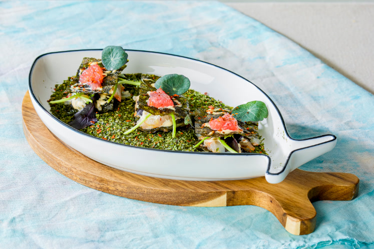 ‘Sandwich’ van gamba carpaccio en nori
