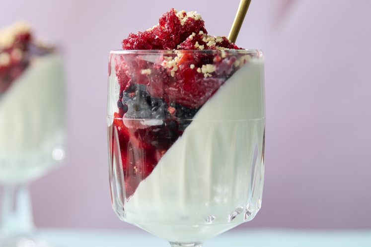 Panna cotta met rood fruit en shaved ice