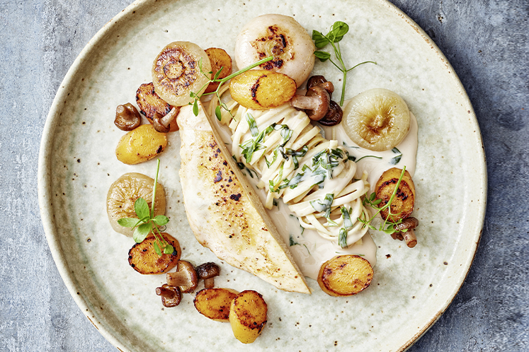 Maïskip met dragon roomsaus en fettuccine