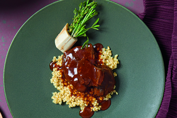 Venison shank with creamy pearl barley