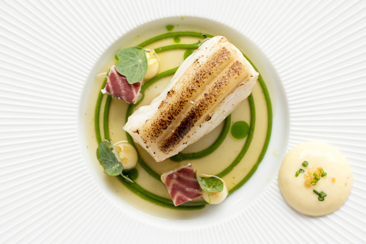 Tarbot en ganzenlever, postelein, gerookte paling, miso hollandaise