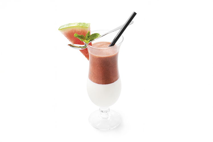 Panna cotta van yoghurt met smoothie van watermeloen